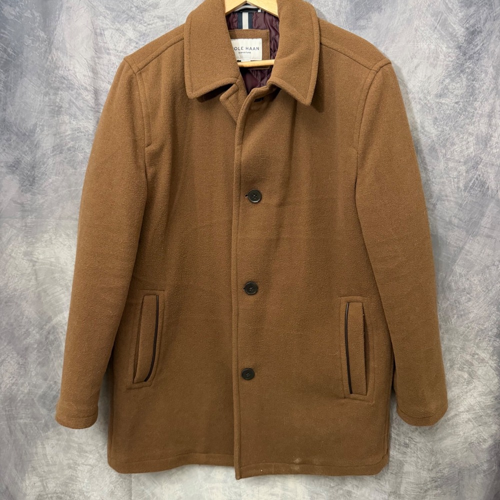 Cole Haan Signature Camel Wool Blend Car Coat Mens L 54163 Quiet Luxury Office